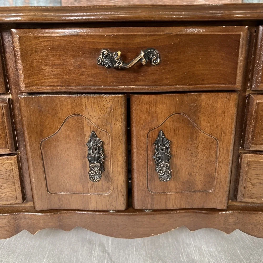 Large Vintage French Provincial Musical Jewelry Box 1970s 9 Drawers